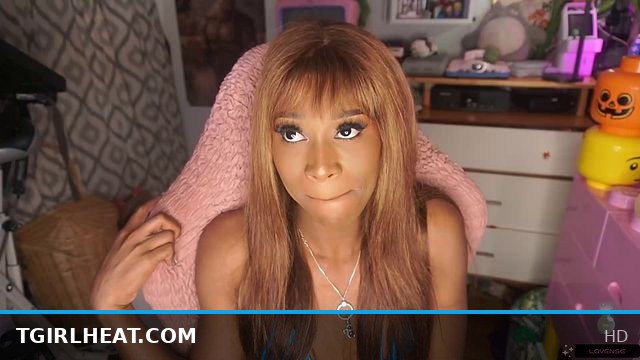 Ebony trans girl Vanniall edges for two hours in tiny blue bikini with massive solo facial finish