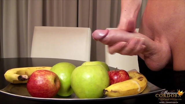 Hung shemale Mariana Cordoba with big tits gets hard and shoots her huge load